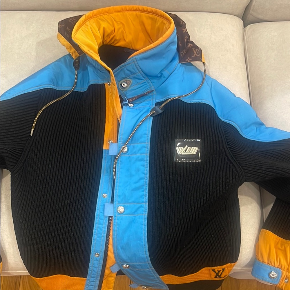 Louis Vuitton Puffer Jacket Blue and Black Hooded Design